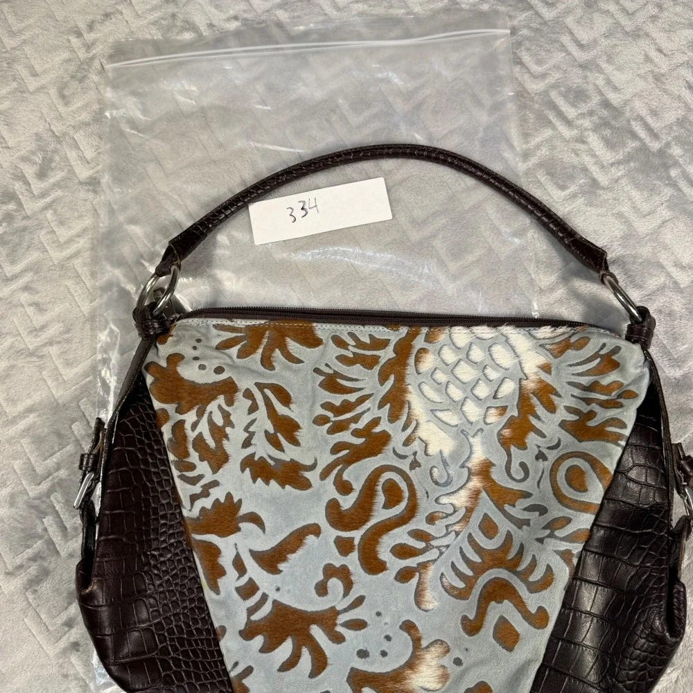 Berge Italian Pony Hair Leather Embossed Hobo Bag Blue Brown Damask Made Italy